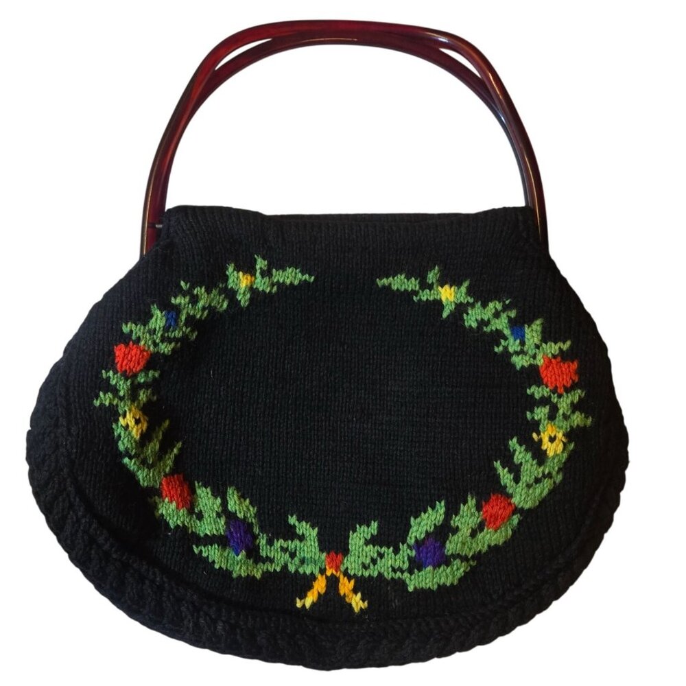 Vintage Christmas Wreath Knit Purse Black Holiday Retro Floral Handbag